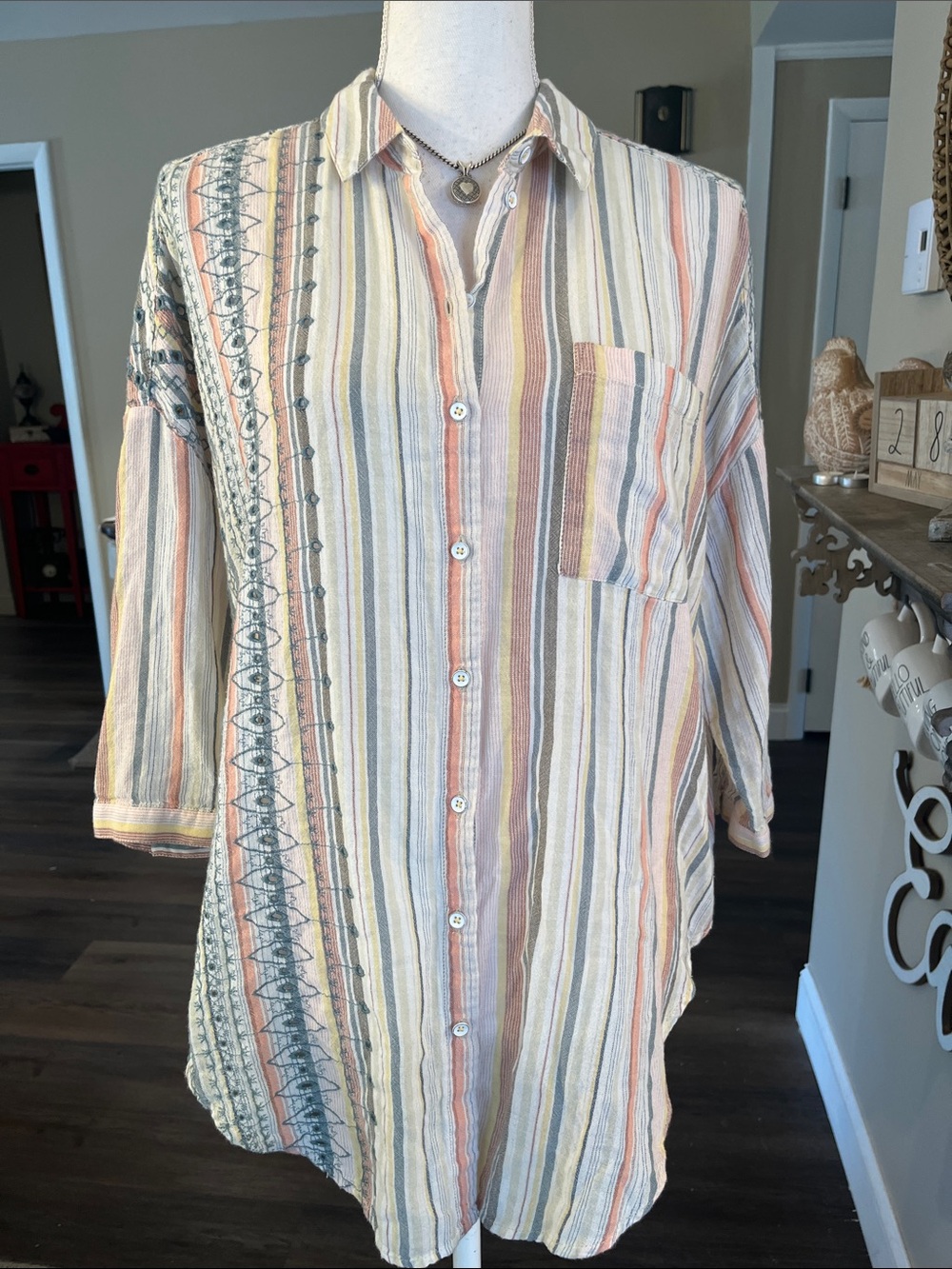 Relaxed Striped Button-Down Shirt in Cream with Pastel Stripes